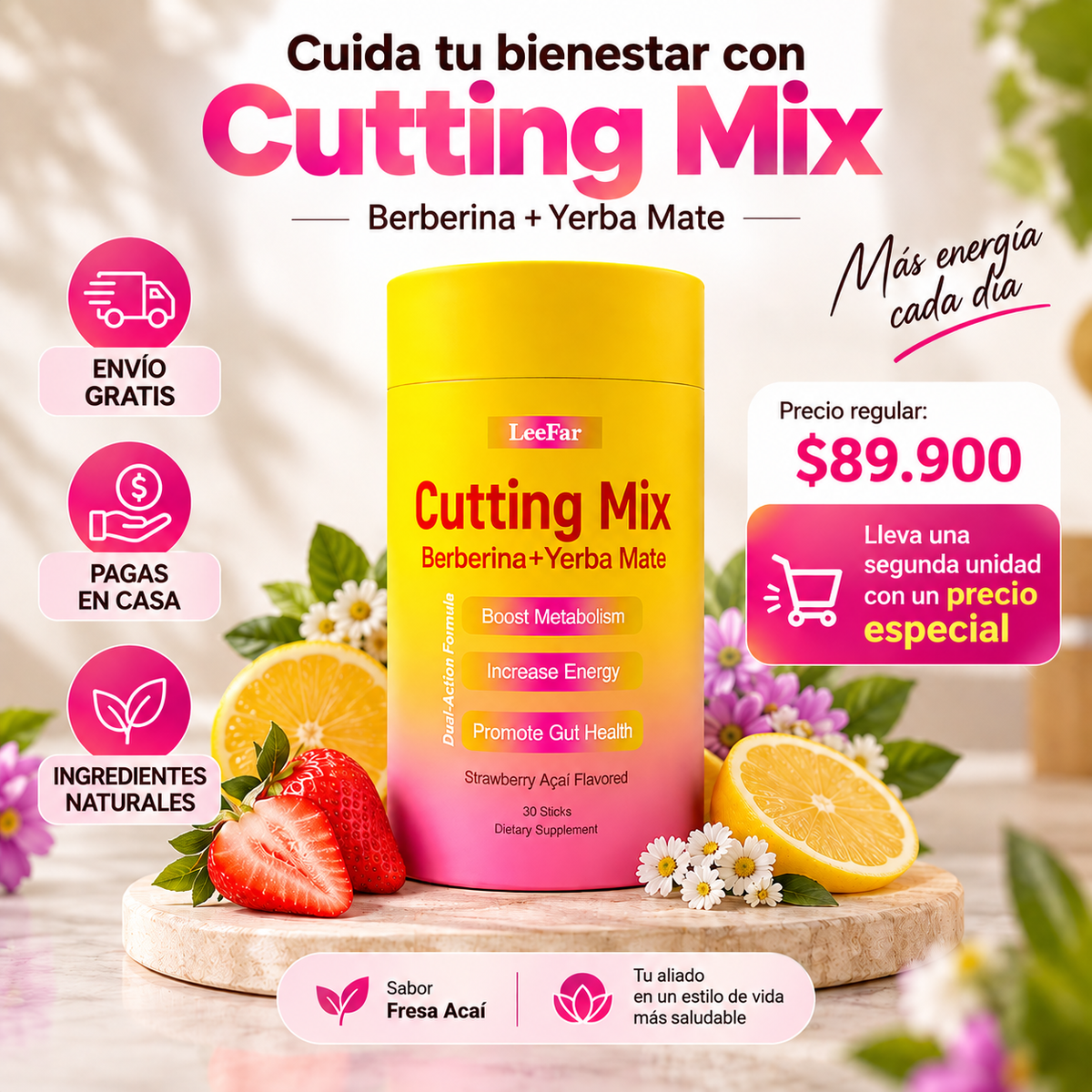 Cutting Mix LeeFar – Berberina + Yerba Mate en Sticks (30 uds) | Sabor Fresa