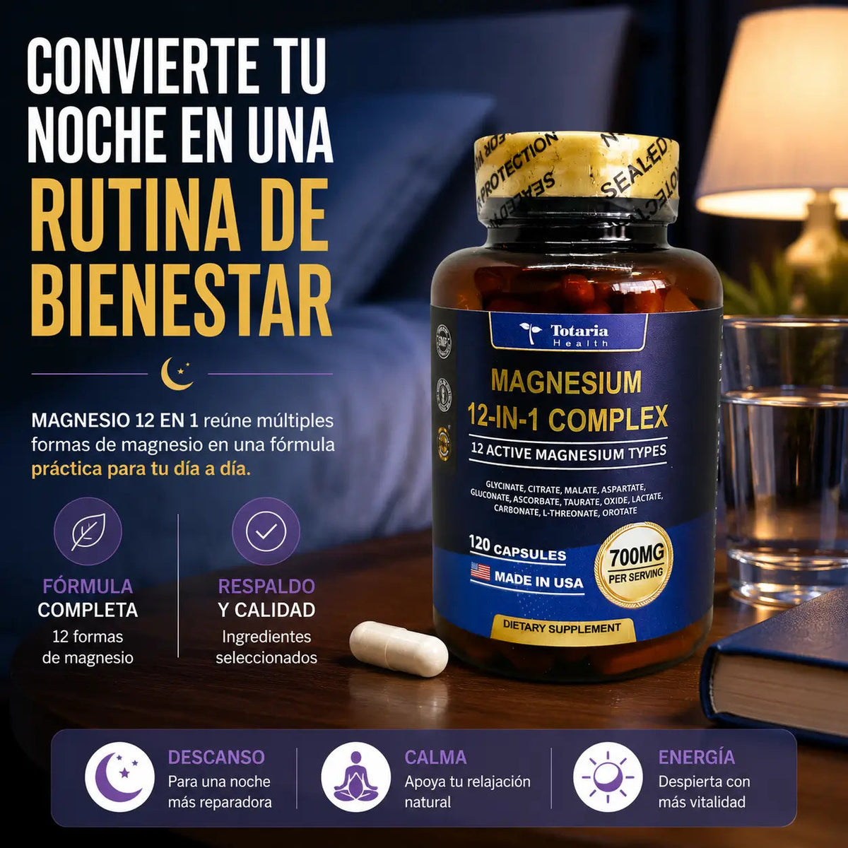 MAGNESIUM 12 EN 1 COMPLEX: La Única Fórmula con 12 Formas de Magnesio en Una Sola Cápsula.