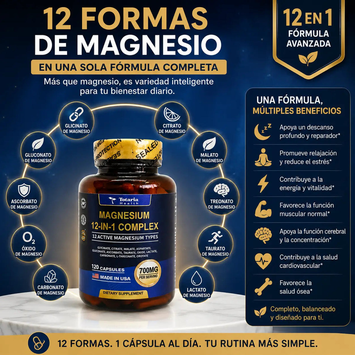 MAGNESIUM 12 EN 1 COMPLEX: La Única Fórmula con 12 Formas de Magnesio en Una Sola Cápsula.