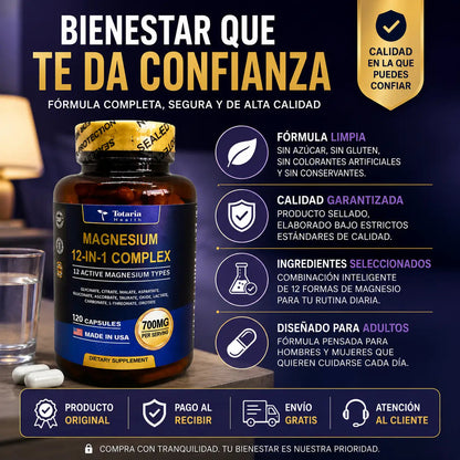 MAGNESIUM 12 EN 1 COMPLEX: La Única Fórmula con 12 Formas de Magnesio en Una Sola Cápsula.